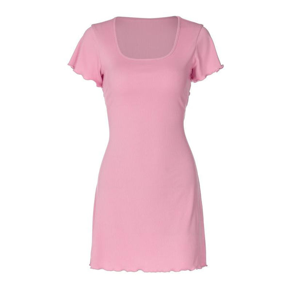 Short sleeve u neck ribbed knotted mini dress