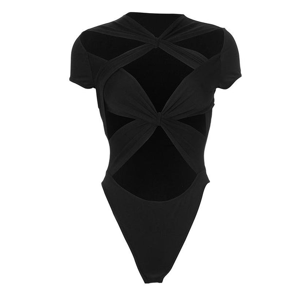Short sleeve cross front hollow out solid bodysuit