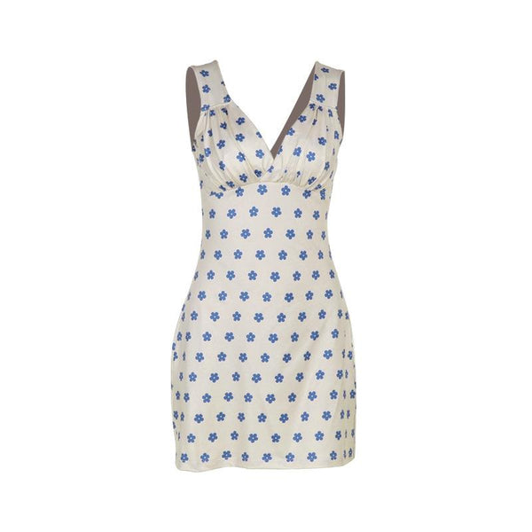 V neck sleeveless ruched flower print mini dress