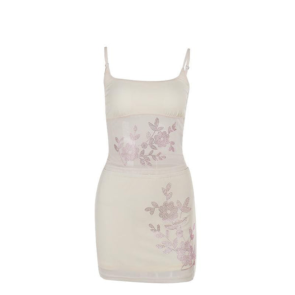 Ensemble mini-jupe camisole en maille à motif floral perlé et col en U 