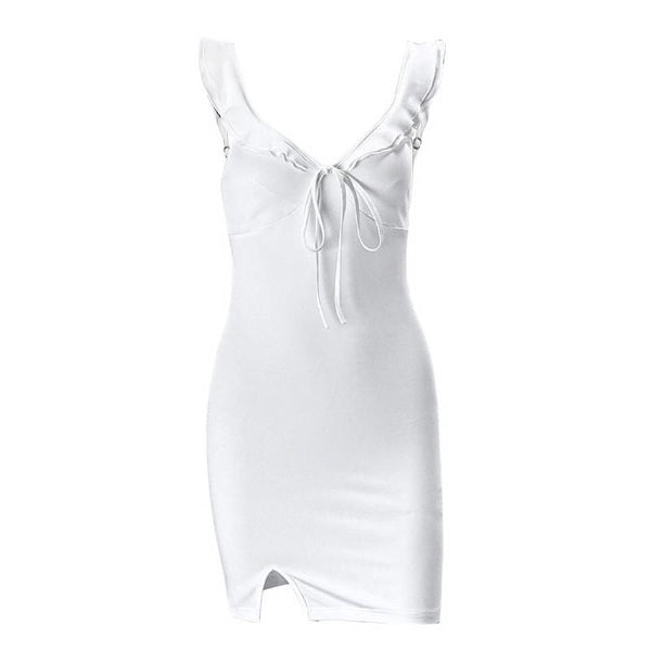 V neck slit knotted backless cami mini dress