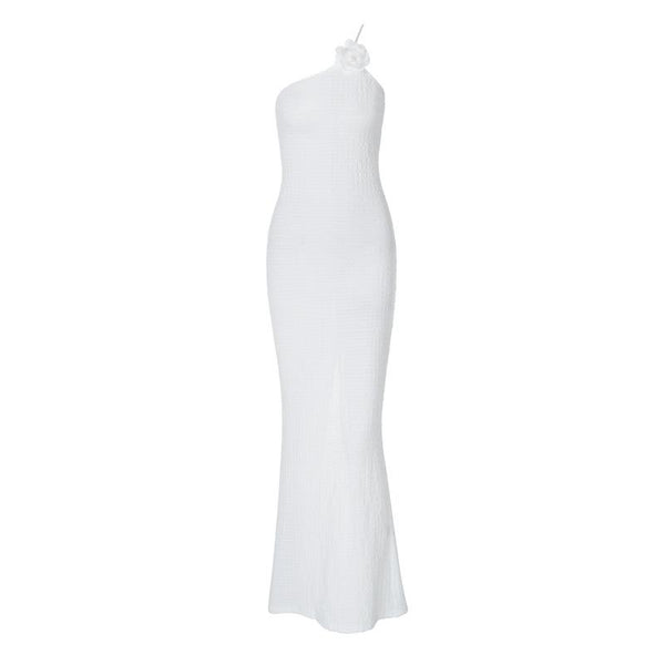 Flower applique one shoulder textured slit cami maxi dress