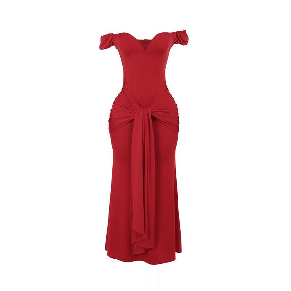 Off shoulder ruched knotted zip-up maxi dress  | red tango dress