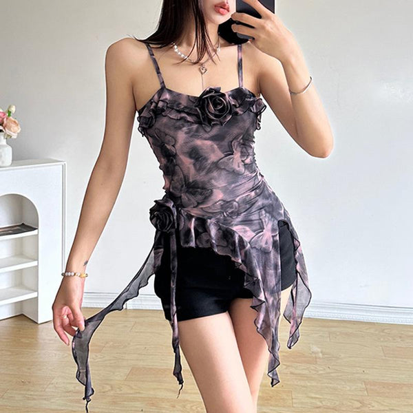 Ruffle sheer mesh print flower applique cami top