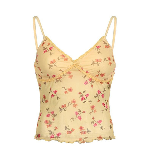 Haut camisole à volants en maille à imprimé floral avec ourlet en dentelle et col en V 