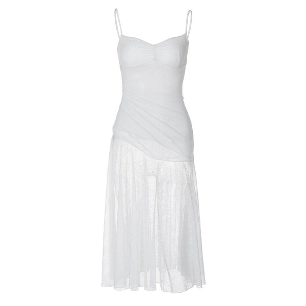Lace ruched see through cami midi dress