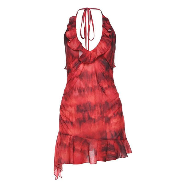 Robe mini dos nu à volants et fronces tie dye | Robe tango rouge 