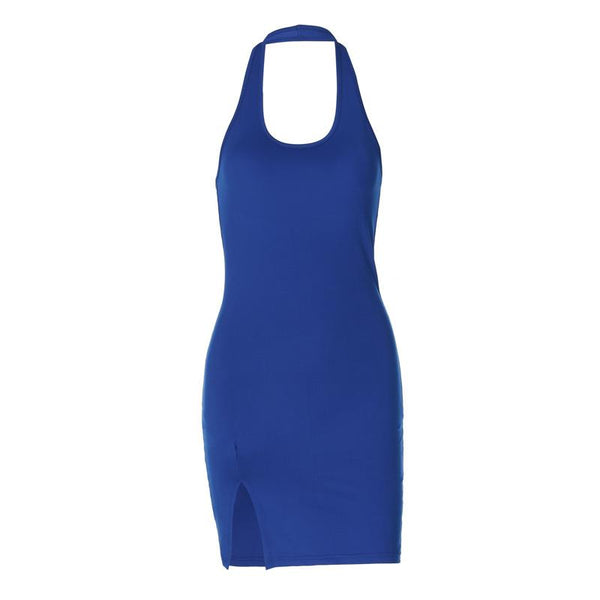Halter u neck slit solid backless mini dress