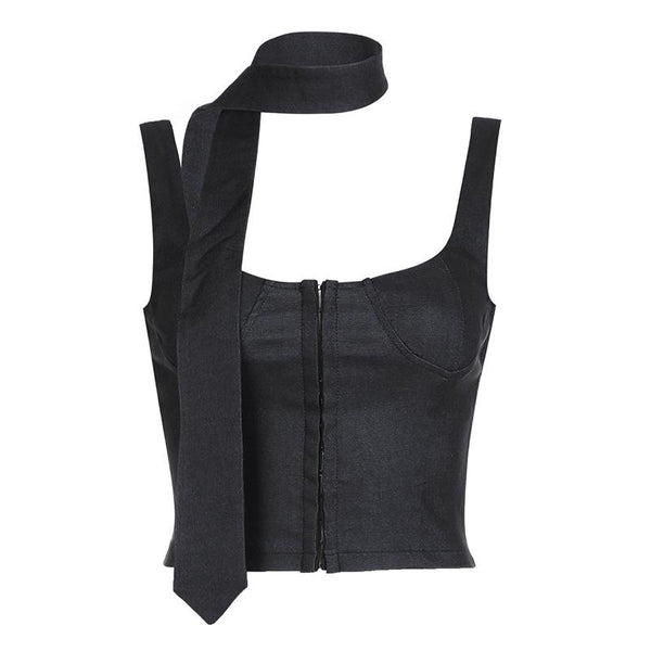 Haut caraco en jean à dos nu et boutonné à col en cœur 