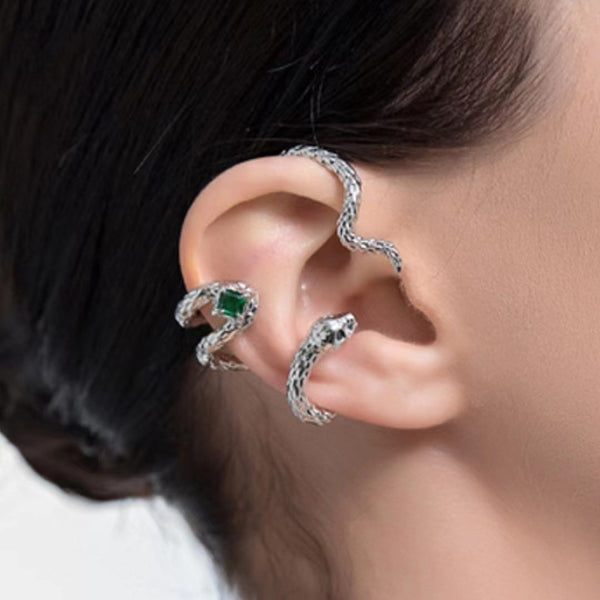 Boucle d'oreille en forme de serpent avec strass vert