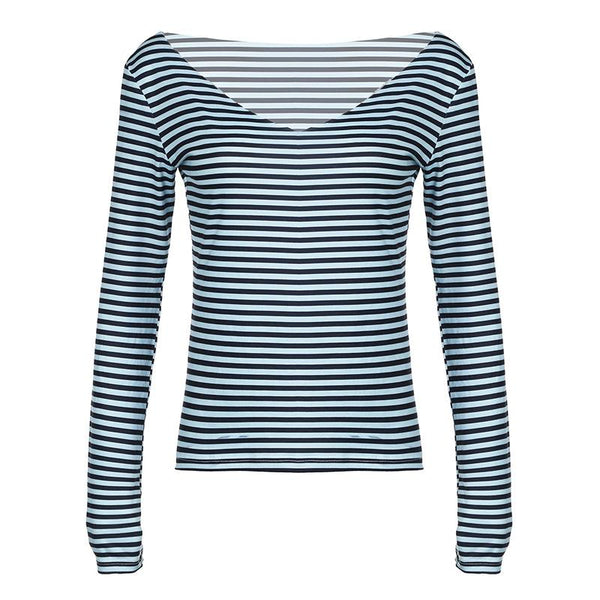 V neck long sleeve striped top