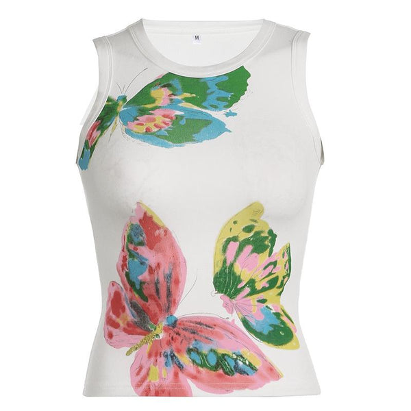 Crewneck butterfly print contrast tank top