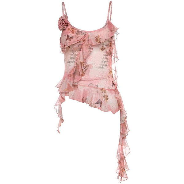 Haut caraco à col en U, imprimé en maille transparente, volants et appliques florales 