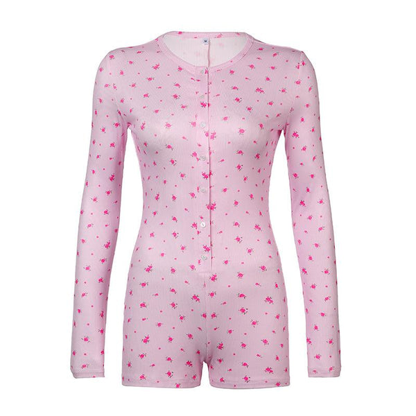 Combinaison à manches longues, col ras du cou, boutons et imprimé fleuri 