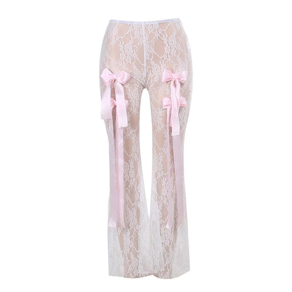 Pantalon transparent en dentelle avec ruban à nœud papillon 