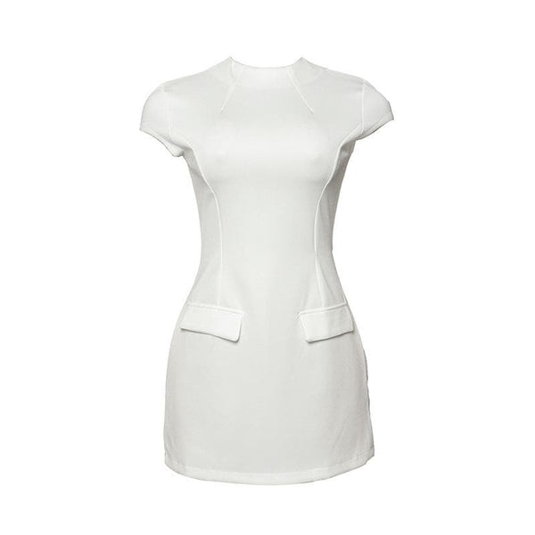 Cap sleeve crewneck stitch solid mini dress