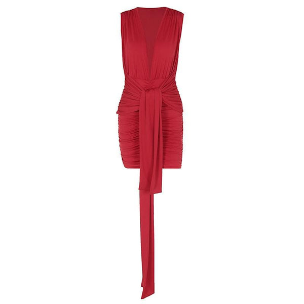 Deep V neck ruched solid mini dress  | red tango dress