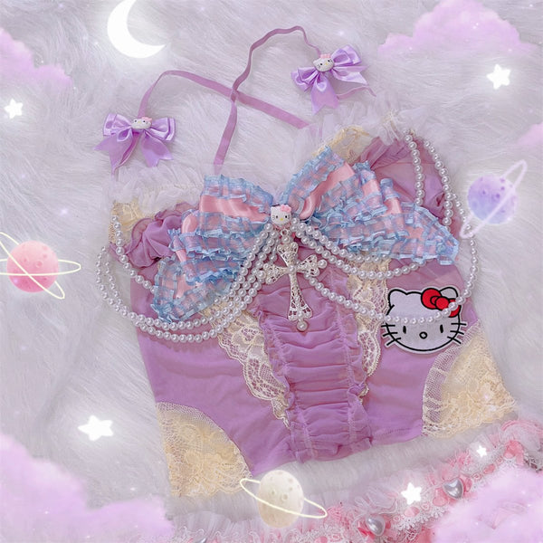 Haut caraco en maille à motif « Hello Kitty » et nœud papillon perlé 