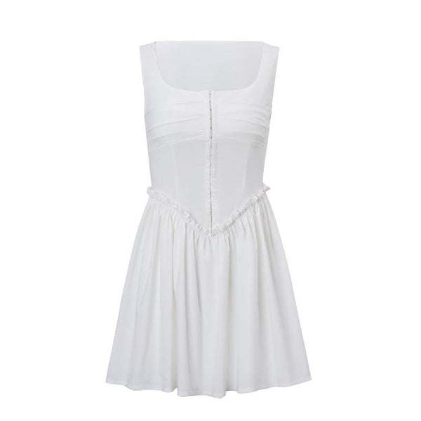 Button ruffle square neck ruched bustier tank mini dress  | red tango dress