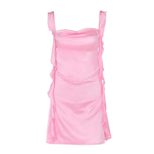 Cowl neck ruffle satin ruched cami mini dress