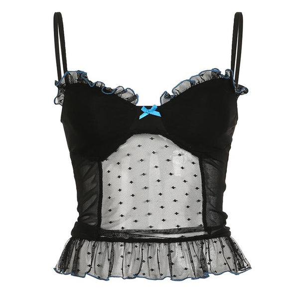 V neck polka dot bowknot mesh ruffle cami top