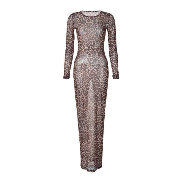 Long sleeve leopard print crewneck sheer mesh maxi dress  | samba dress