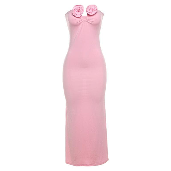 Robe longue tube froncée à col cranté et appliques florales 
