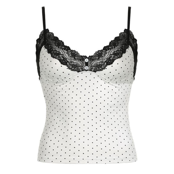 Haut caraco boutonné à pois avec ourlet en dentelle et col en V 