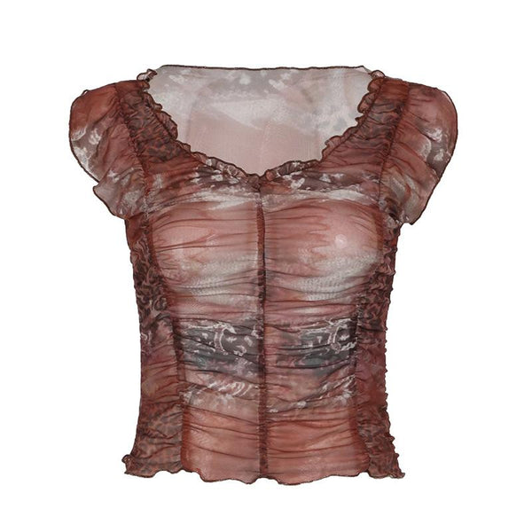 Cap sleeve ruffle sheer mesh print ruched top