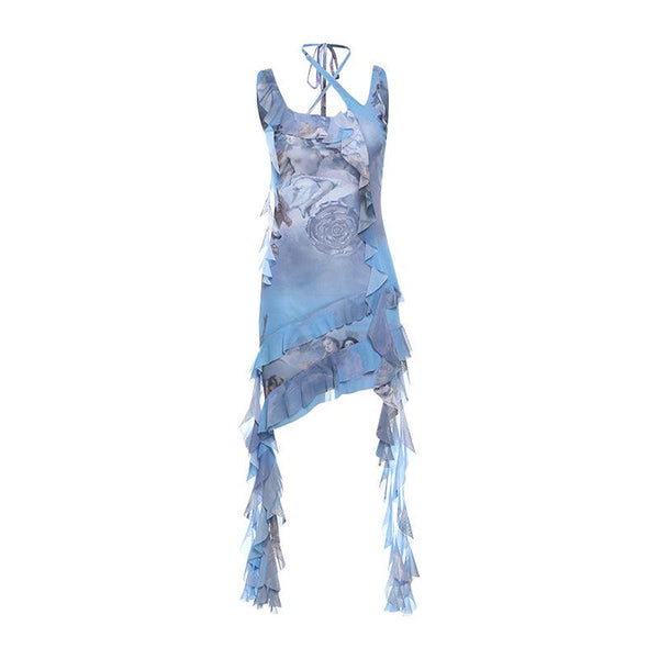 Halter print ruffle irregular u neck cami mini dress