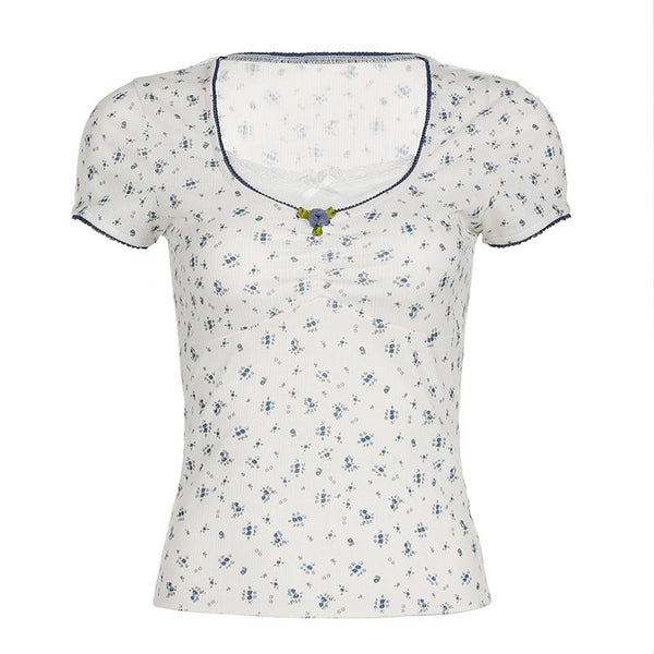 Short sleeve patchwork flower applique print top