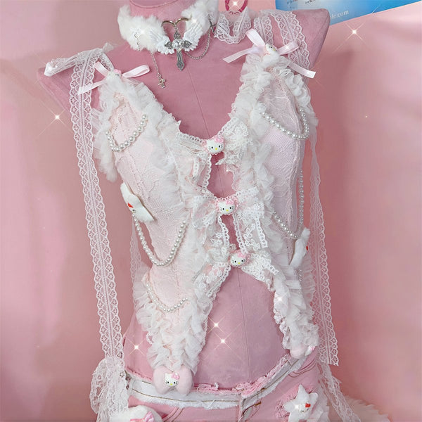 Haut caraco à col en V et ourlet en dentelle avec nœud papillon, motif « Hello Kitty » 