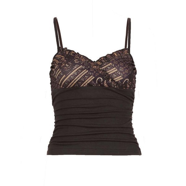 Ruffle v neck print patchwork ruched cami top