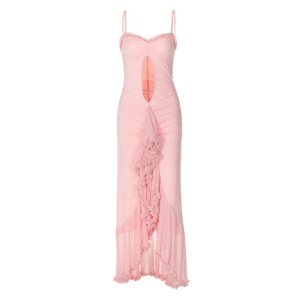 Ruffle high slit ruched hollow out cami maxi dress
