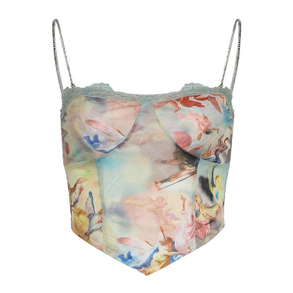 Metal chain print lace hem cami crop top