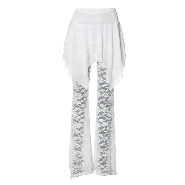 Pantalon taille haute uni à volants en dentelle froncée 