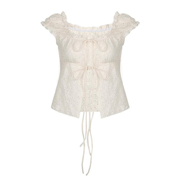 U neck puff sleeve textured ruffle top