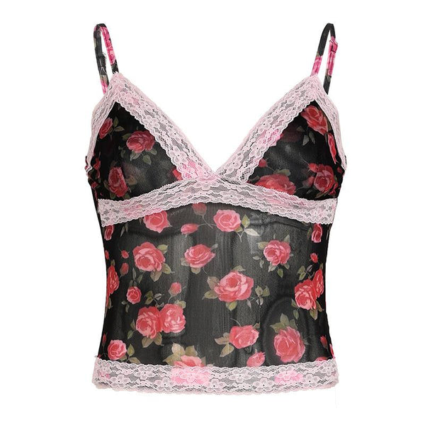 V neck lace hem backless rose print mesh cami top
