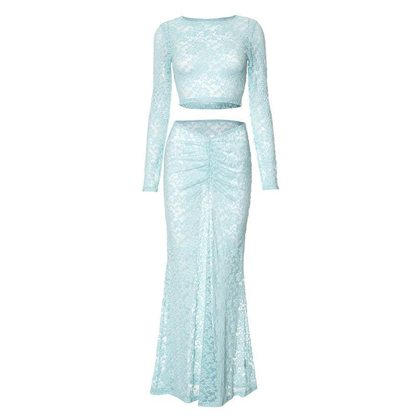 Long sleeve lace see through crop maxi skirt set