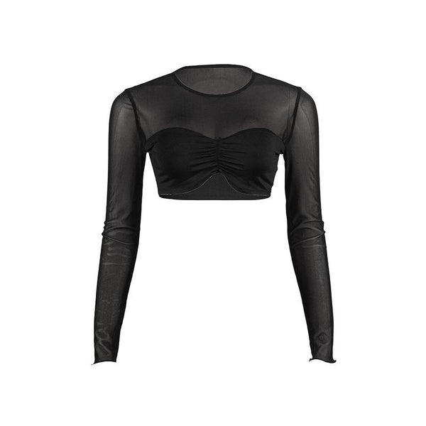 Long sleeve crewneck mesh ruched crop top