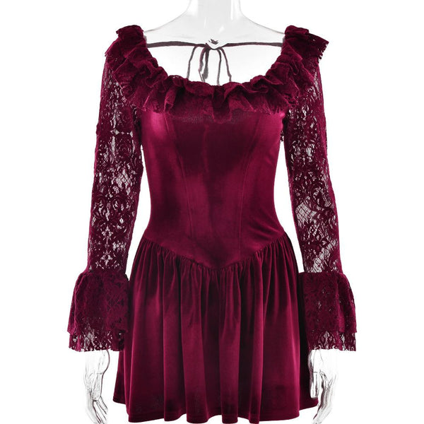 Mini-robe à manches longues en dentelle et velours à nouer soi-même 