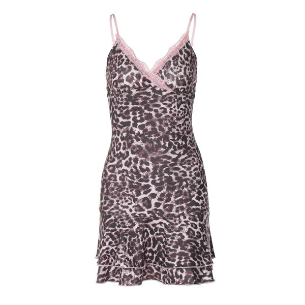 Leopard print v neck lace hem cami mini dress