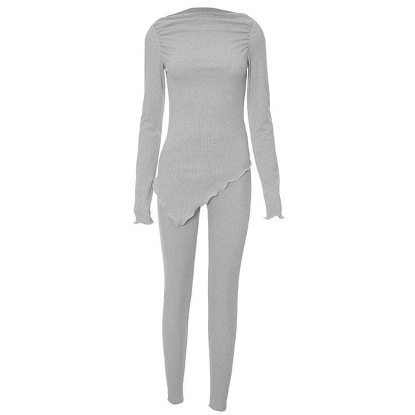 Long sleeve irregular ruched solid pant set