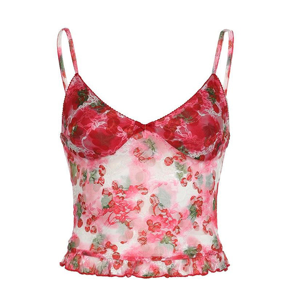 Haut caraco transparent en dentelle à imprimé floral et col en V 