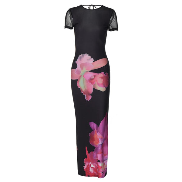Short sleeve print slit backless maxi dress