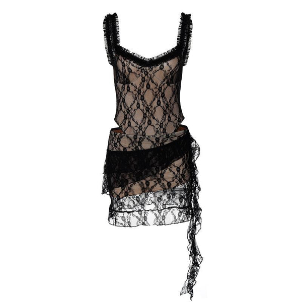 Lace ruffle ruched hollow out cami mini dress
