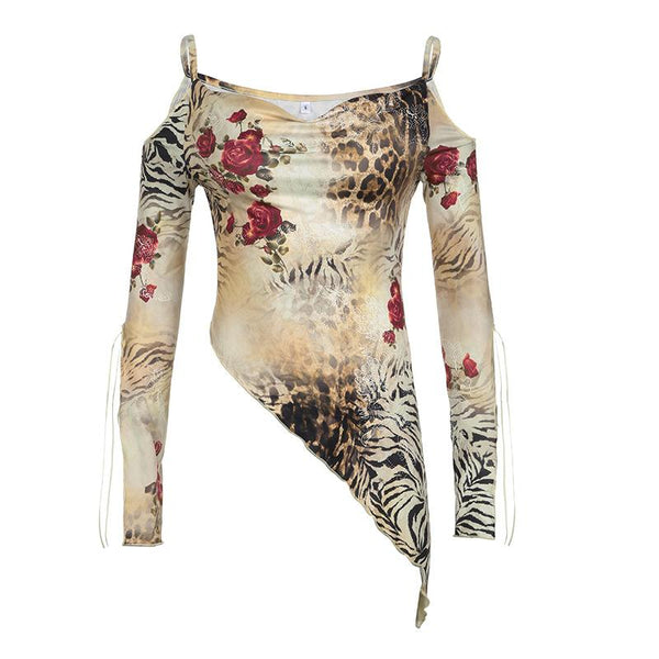 Long sleeve off shoulder irregular print cami top