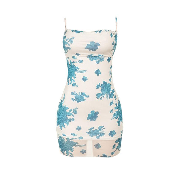 Flower print mesh lace up cami mini dress