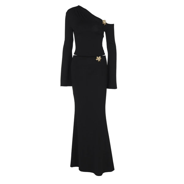 Ensemble jupe longue à une épaule et manches longues avec appliques florales 