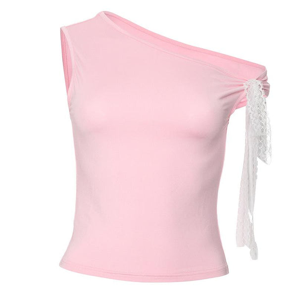 One shoulder irregular bowknot ruched top